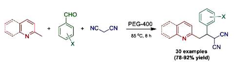 Image for PEG-400 mediated sp3 CH functionalization of aza-arenes: an enroute to the synthesis of 2-(2-(6-methylpyridin/quinolin-2-yl)-1-phenylethyl) malononitriles