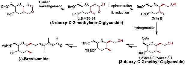 Image for Stereoselective Synthesis of C‐2‐Methylene and C‐2‐Methyl α‐ and β‐C‐Glycosides from 2‐C‐Branched Glycals: Formal Total Synthesis of (–)‐Brevisamide