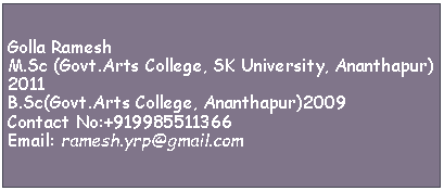 Text Box: Golla RameshM.Sc (Govt.Arts College, SK University, Ananthapur) 2011B.Sc(Govt.Arts College, Ananthapur)2009Contact No:+919985511366Email: ramesh.yrp@gmail.com